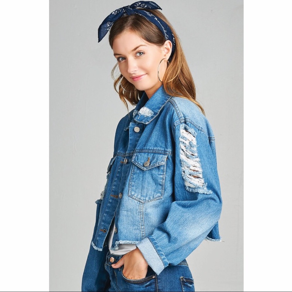 Cropped Distressed Denim Jacket